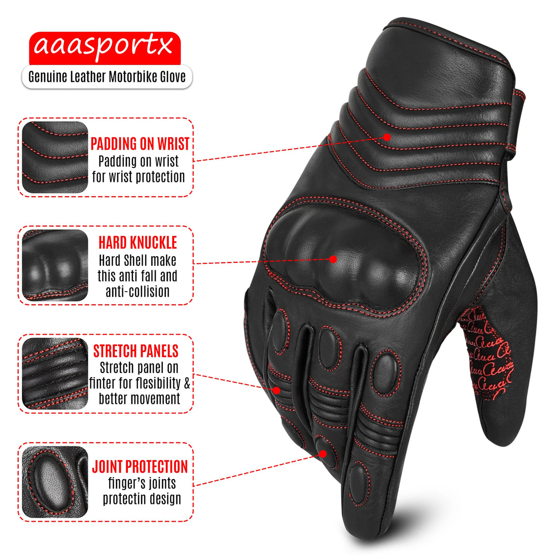 Leather Motorcycle Gloves - aaaSportx™ All-Weather Unisex with Hardshell Protector